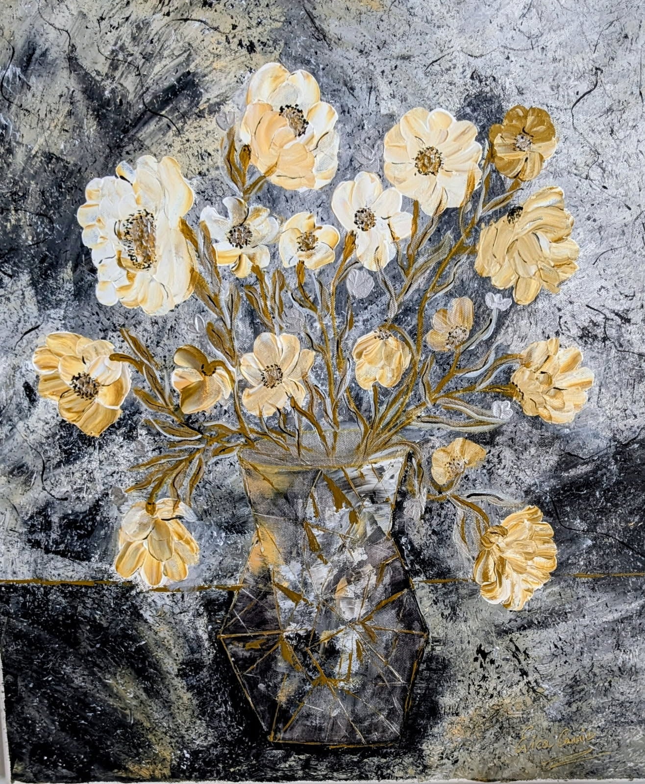 Golden Bloom – Modern Floral Vase Painting 24" x 20"